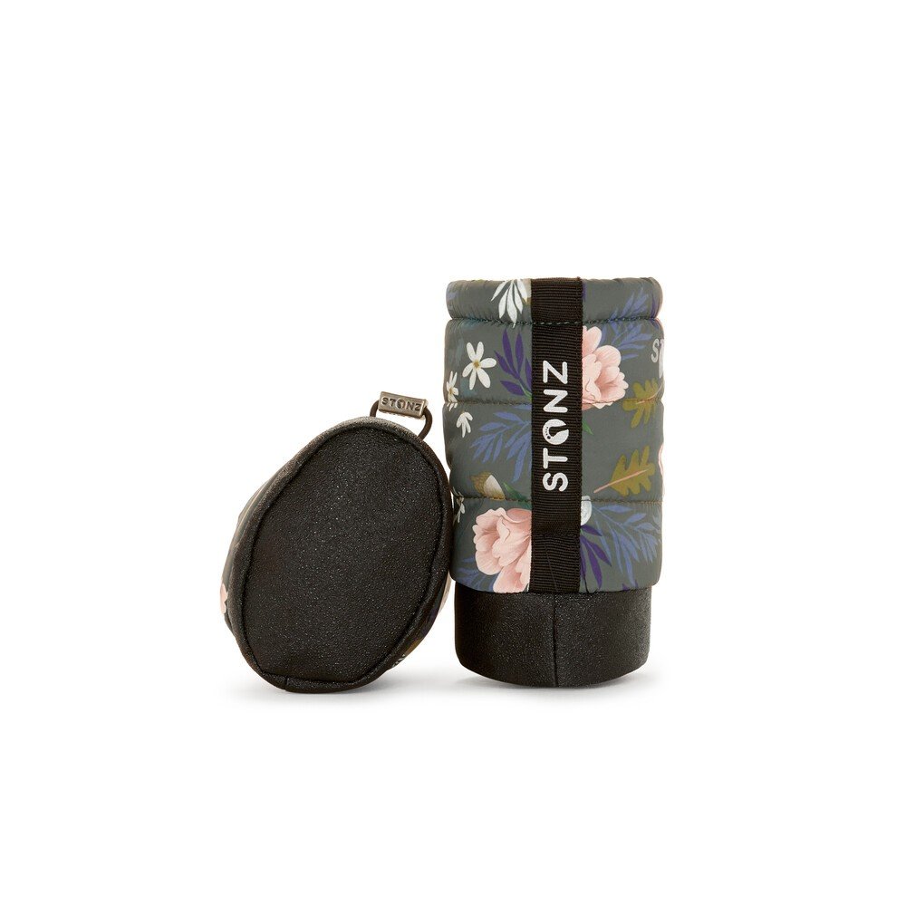 3. Floral print Stonz Puffer Booties with black soles and logo patch shown from side