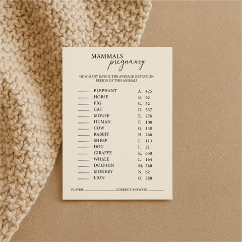 2. Single Beebila Mammals Pregnancy trivia card on beige knitted fabric, displaying gestation period quiz for different animals, printed on thick cream Munken Pure paper
