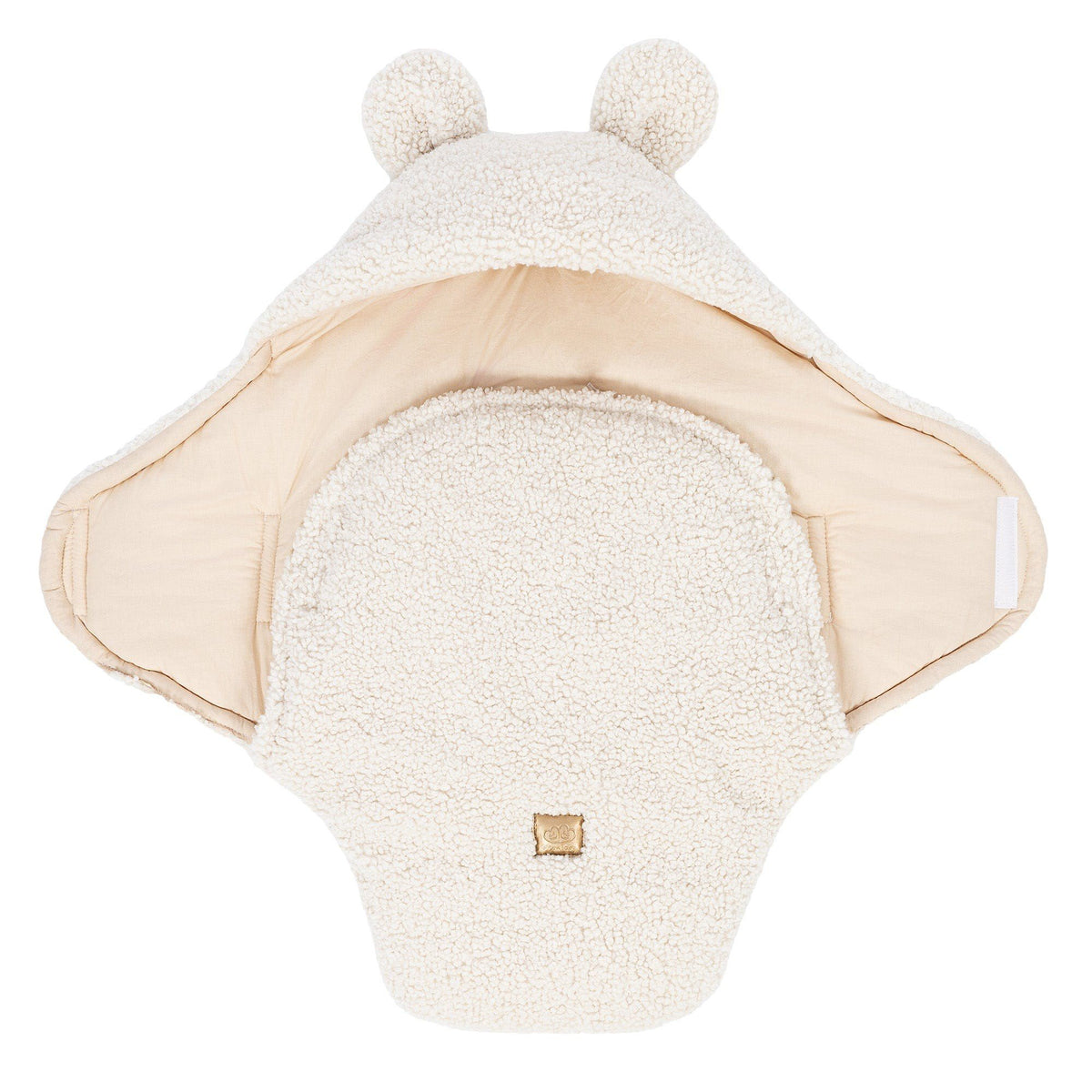 6. Cream baby swaddle with bear ears, open view displaying inner cotton lining and boucle texture
