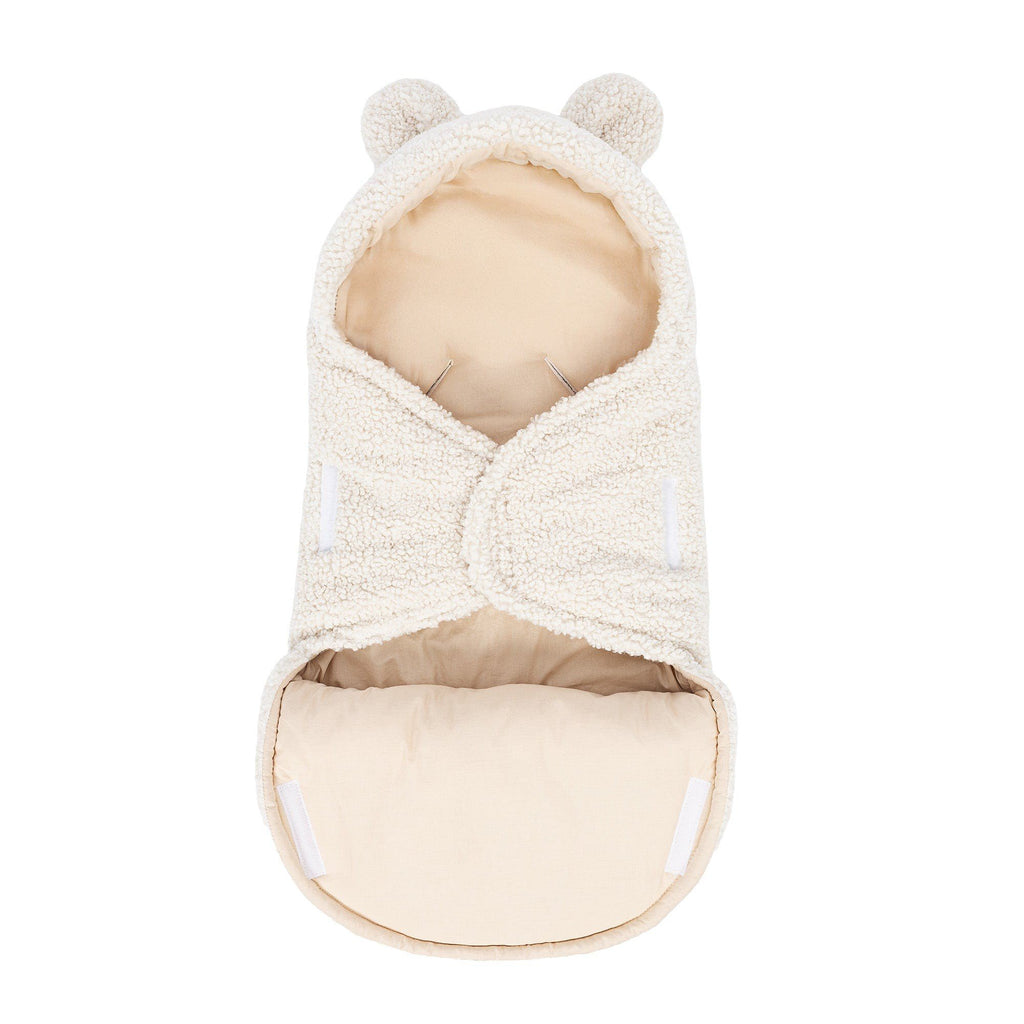 4. Cream baby swaddle with bear ears, front view with velcro closure, showcasing soft boucle material