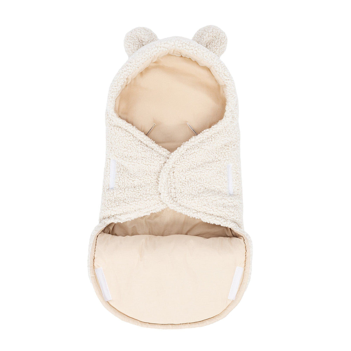 4. Cream baby swaddle with bear ears, front view with velcro closure, showcasing soft boucle material