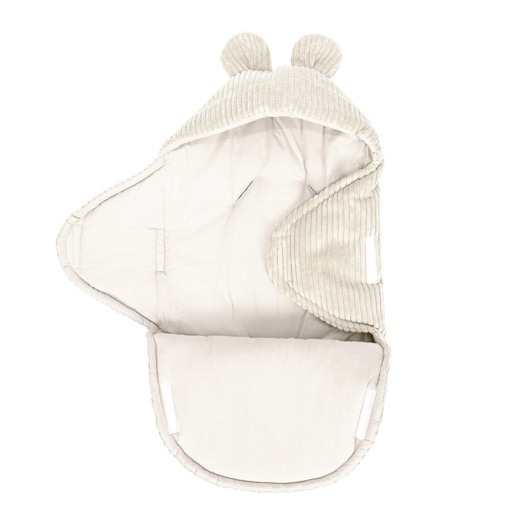 5. Ecru baby swaddle with bear ears, open with adjustable fabric bow, MeowBaby brand