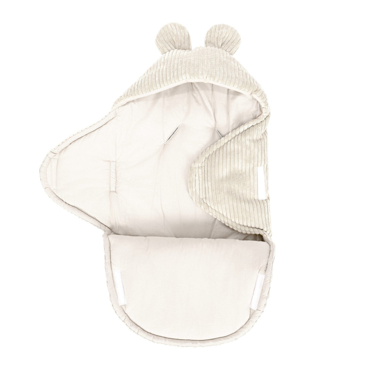 5. Ecru baby swaddle with bear ears, open with adjustable fabric bow, MeowBaby brand