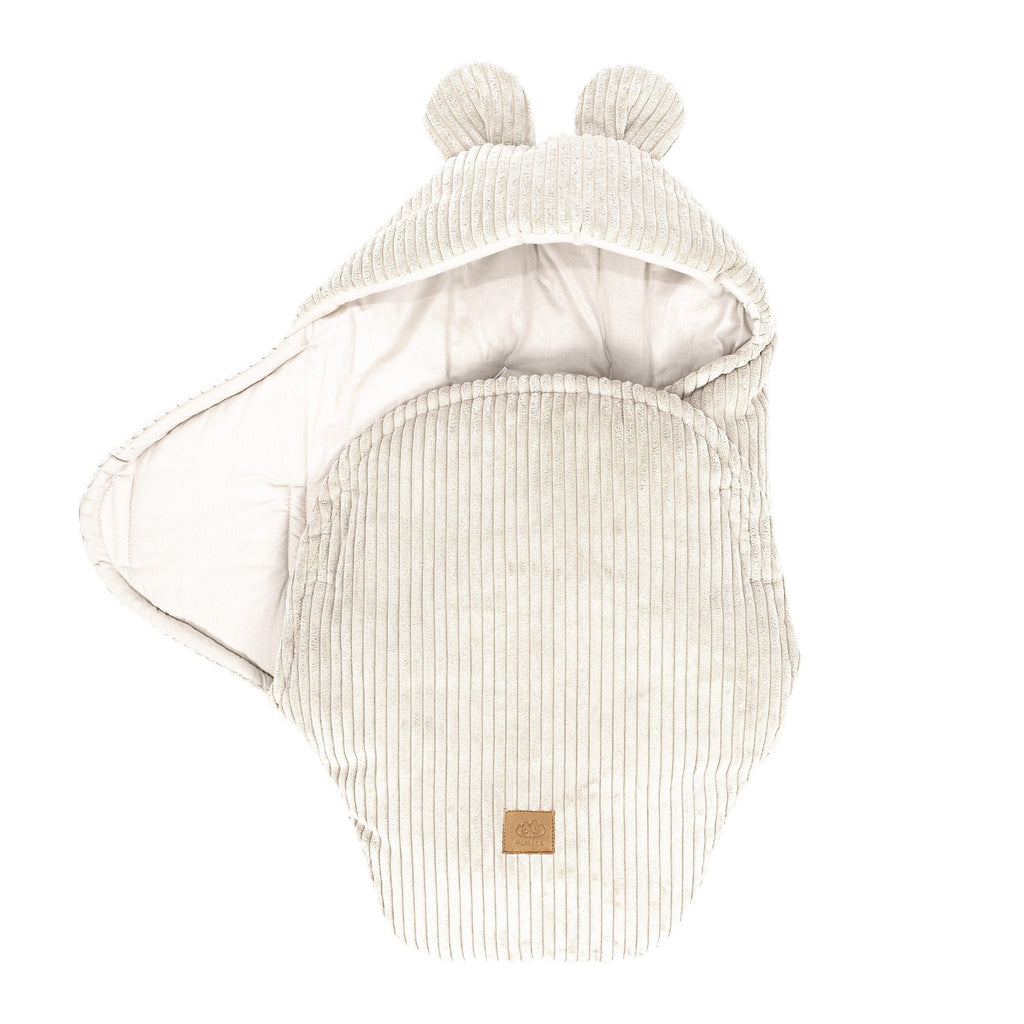 3. Ecru baby swaddle with bear ears, partially open showing ribbed texture, MeowBaby brand
