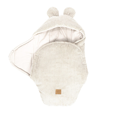 3. Ecru baby swaddle with bear ears, partially open showing ribbed texture, MeowBaby brand