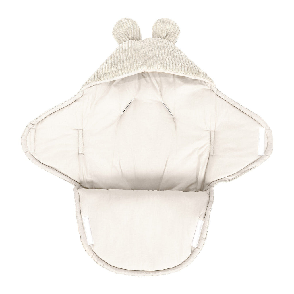 4. Ecru baby swaddle with bear ears, fully open showing interior, MeowBaby brand