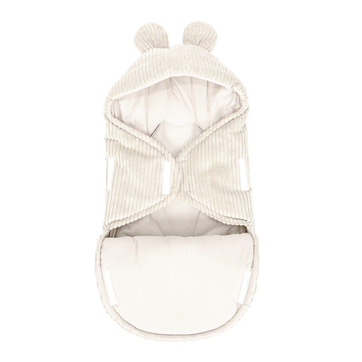 2. Ecru baby swaddle with bear ears, open view showing inner cotton lining, MeowBaby brand