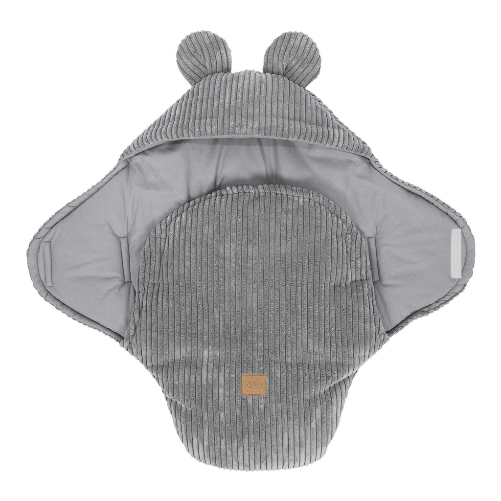 2. Grey baby swaddle with bear ears made of ribbed corduroy, shown open with inner cotton lining