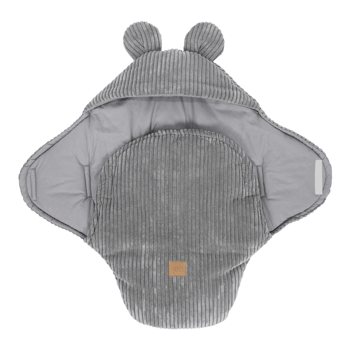 2. Grey baby swaddle with bear ears made of ribbed corduroy, shown open with inner cotton lining