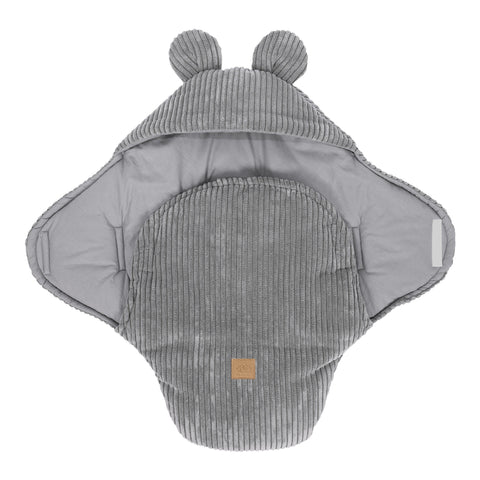 2. Grey baby swaddle with bear ears made of ribbed corduroy, shown open with inner cotton lining