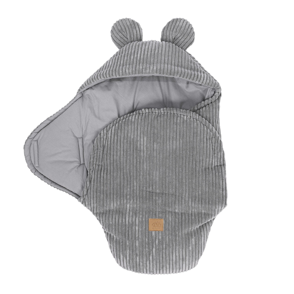 2. Grey baby swaddle with bear ears made of ribbed corduroy, partially open showing inner lining