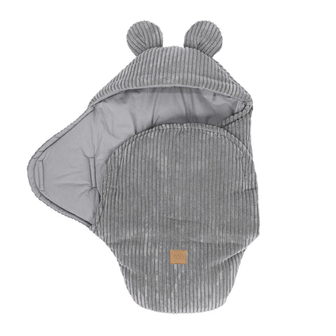 2. Grey baby swaddle with bear ears made of ribbed corduroy, partially open showing inner lining
