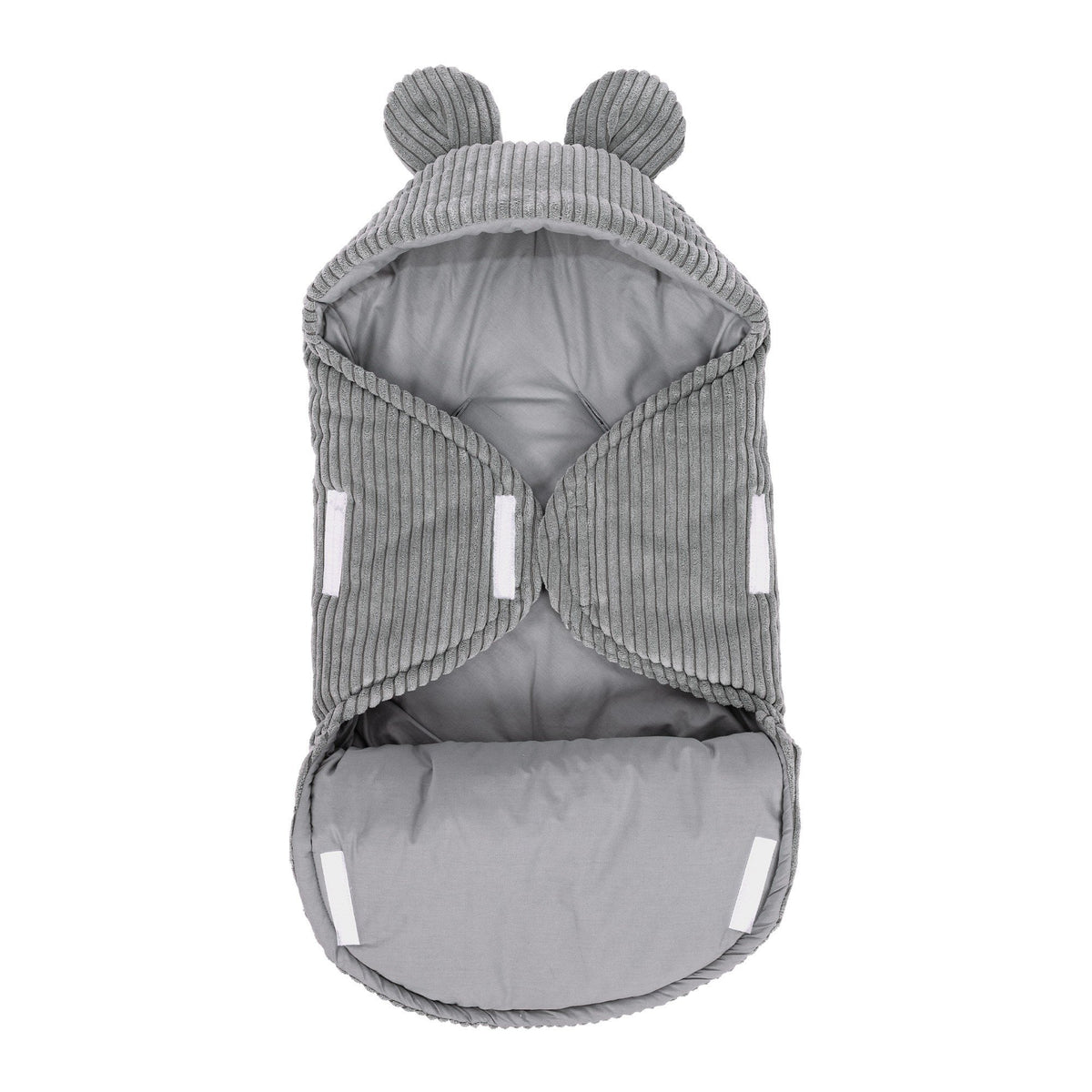 2. Grey baby swaddle with bear ears made of ribbed corduroy, shown with adjustable fabric bow open