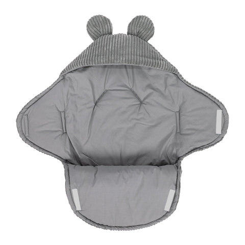 2. Grey baby swaddle with bear ears made of ribbed corduroy, fully open showing inner cotton lining