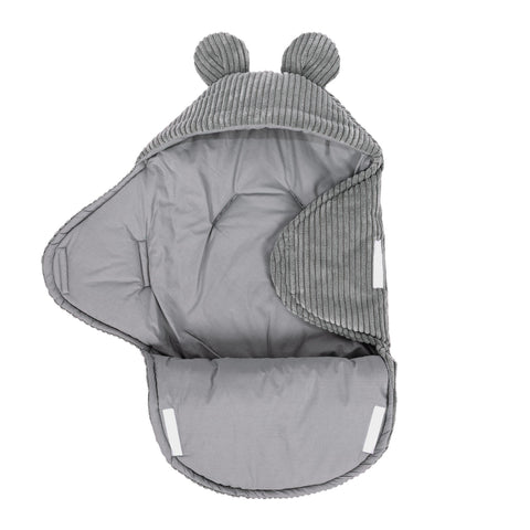2. Grey baby swaddle with bear ears made of ribbed corduroy, partially open with inner lining visible