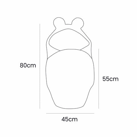 2. Size chart for baby swaddle with bear ears showing dimensions 45 x 80 cm