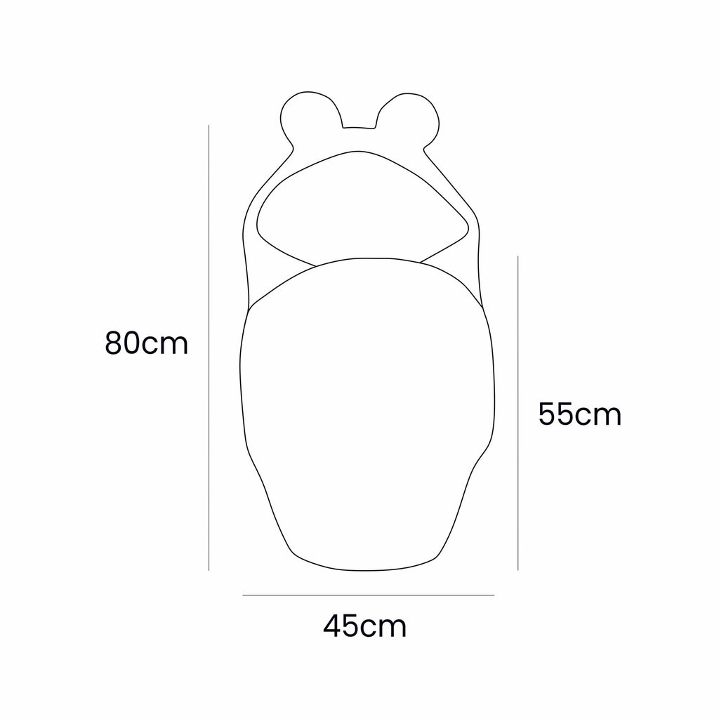 5. Size chart for baby swaddle with bear ears, showing dimensions 45 x 80 cm