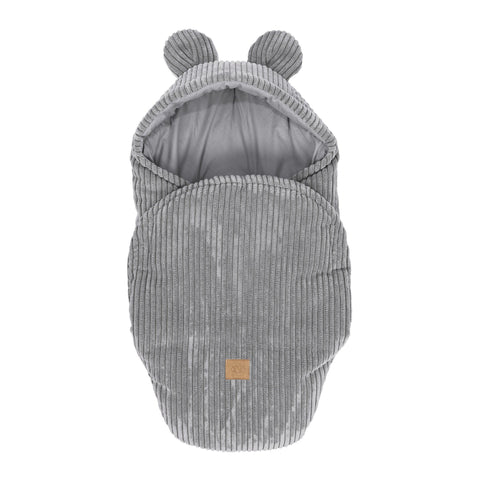 1. Grey baby swaddle with bear ears made of ribbed corduroy, shown in a flat lay with front view