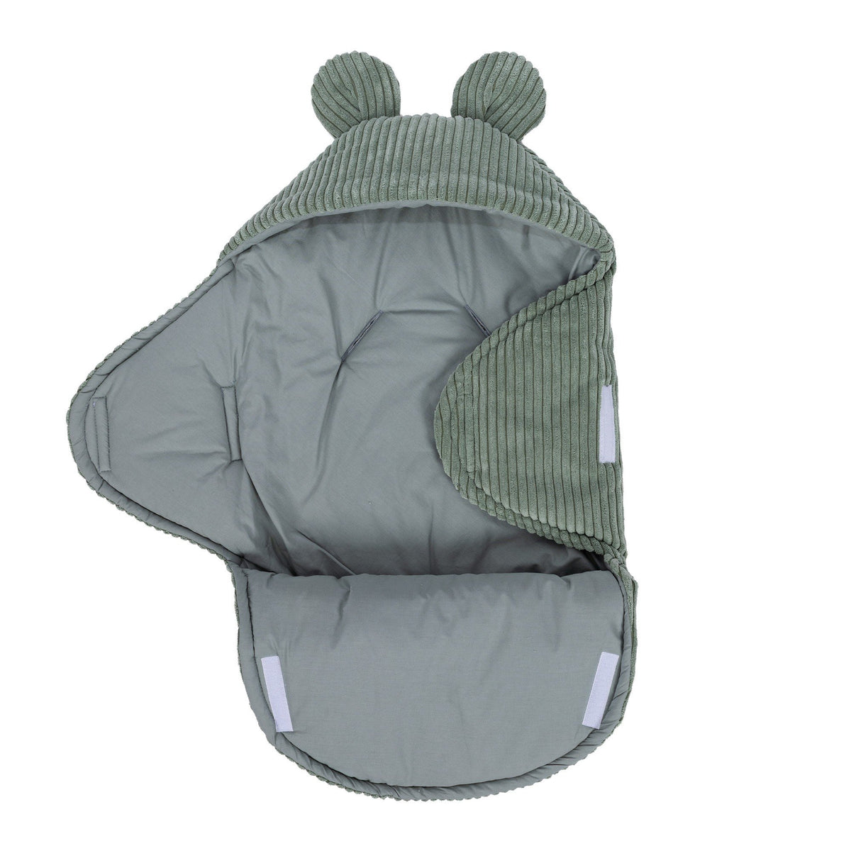 2. Olive green baby swaddle with bear ears, open view showing inner cotton lining, ribbed corduroy outer
