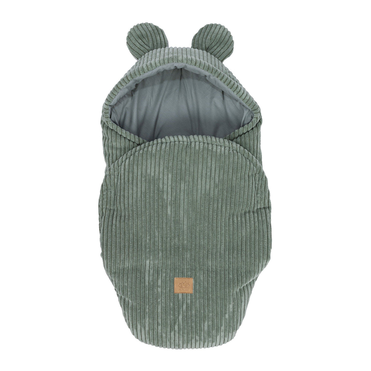 1. Olive green baby swaddle with bear ears, ribbed corduroy texture, front view, MeowBaby logo patch