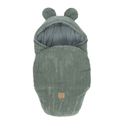 1. Olive green baby swaddle with bear ears, ribbed corduroy texture, front view, MeowBaby logo patch