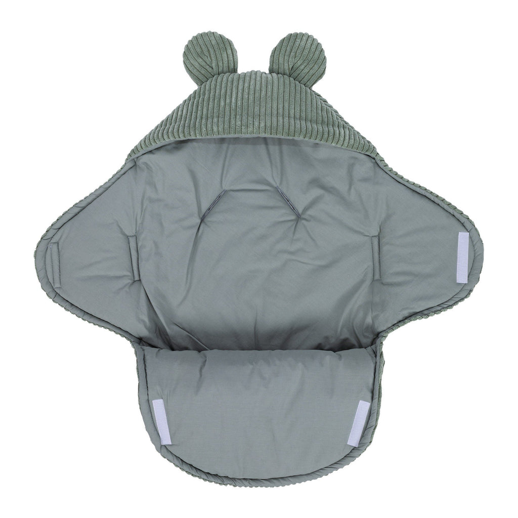 3. Olive green baby swaddle with bear ears, fully open view, ribbed corduroy outer, cotton inner