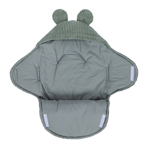 3. Olive green baby swaddle with bear ears, fully open view, ribbed corduroy outer, cotton inner