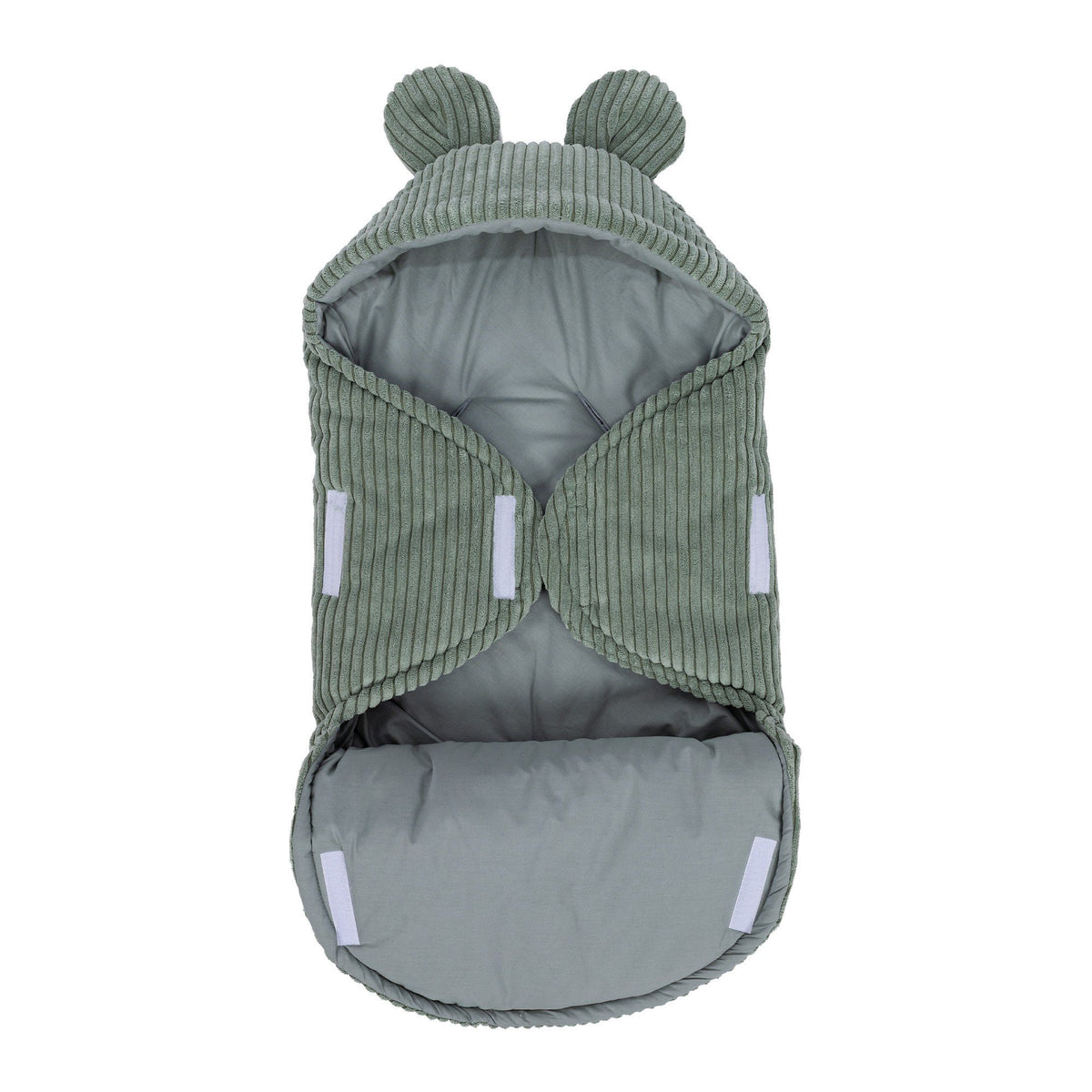 5. Olive green baby swaddle with bear ears, closed view, ribbed corduroy outer, cotton inner