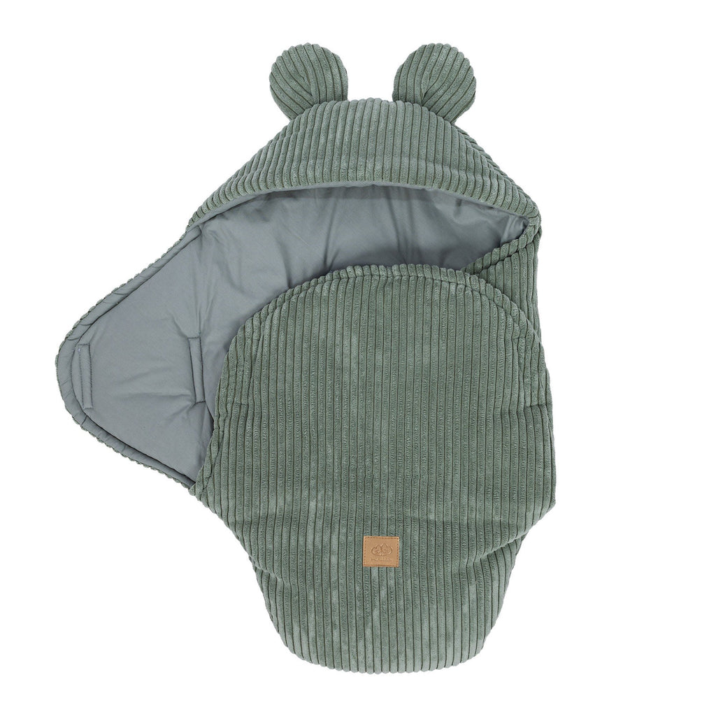 4. Olive green baby swaddle with bear ears, partially open, ribbed corduroy texture, MeowBaby logo