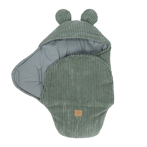 4. Olive green baby swaddle with bear ears, partially open, ribbed corduroy texture, MeowBaby logo
