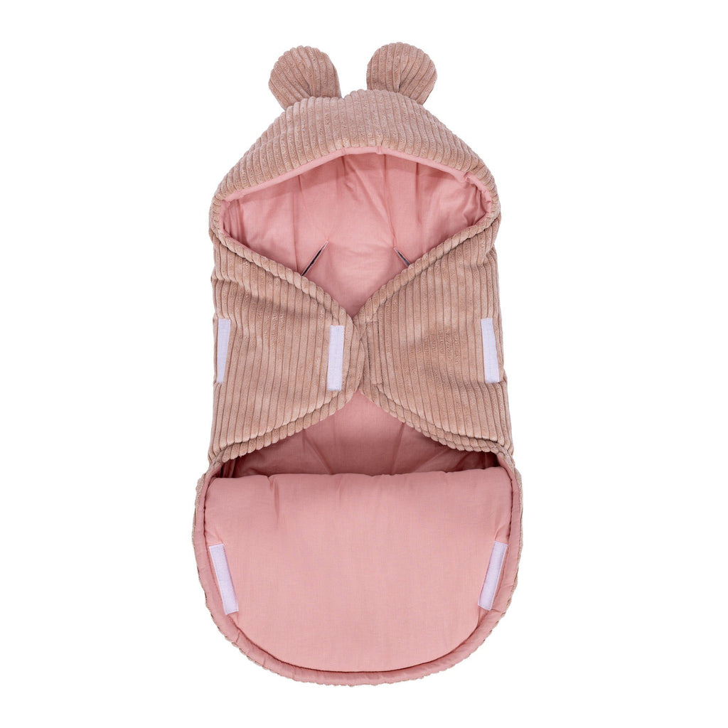 6. Powder pink baby swaddle with bear ears, wrapped view showing adjustable closure