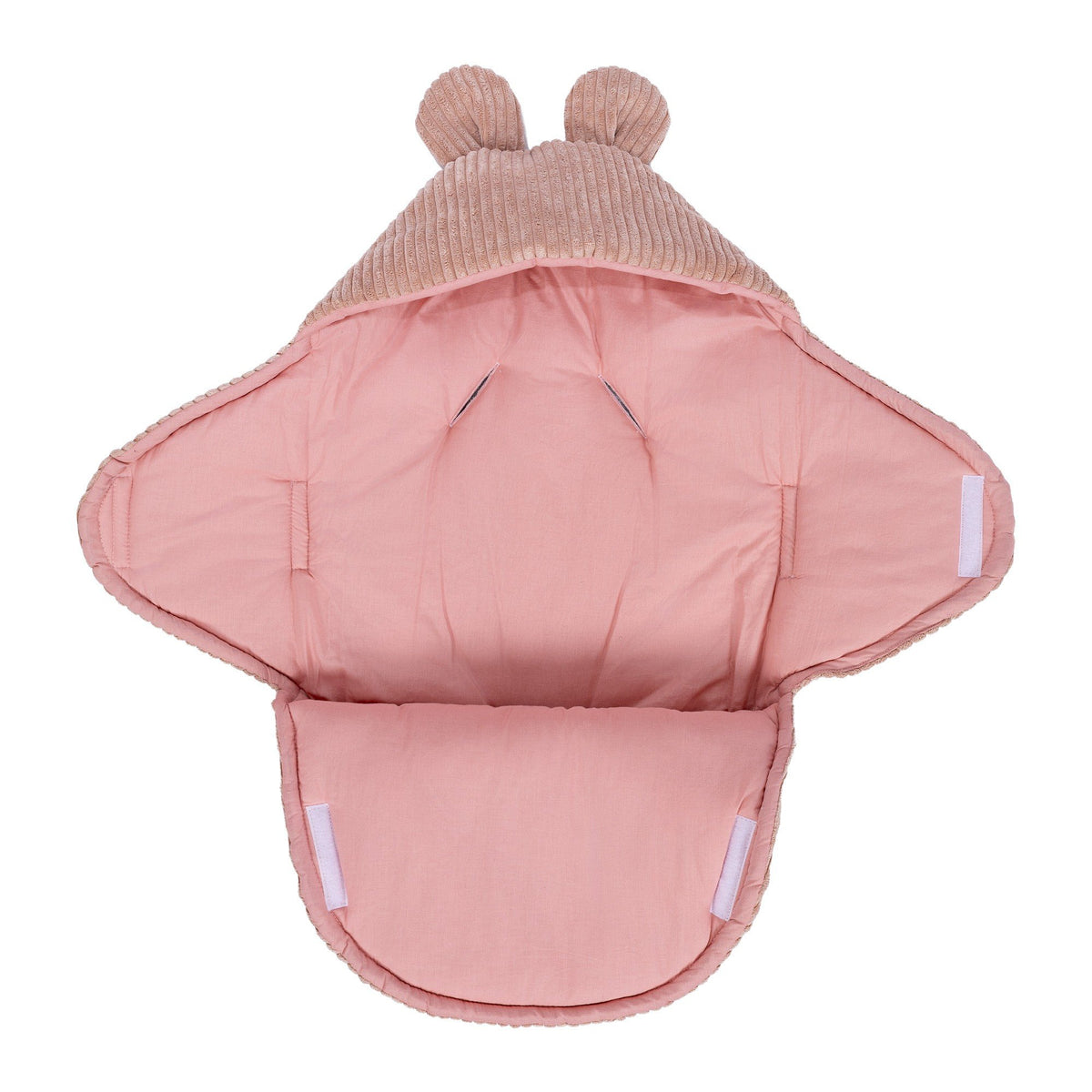 3. Powder pink baby swaddle with bear ears, fully open showing inner cotton fabric