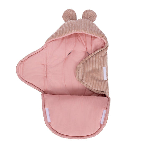 4. Powder pink baby swaddle with bear ears, partially open showing inner lining