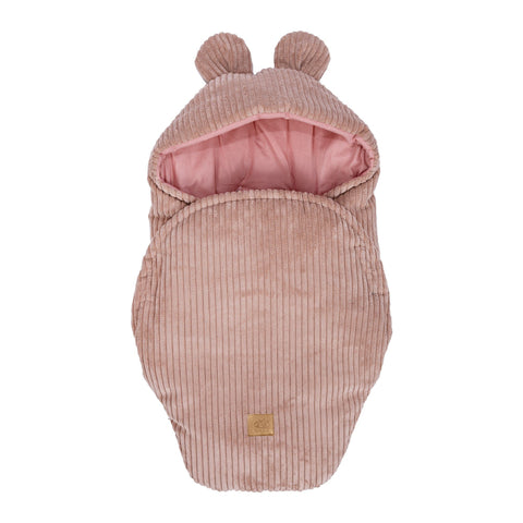 1. Powder pink baby swaddle with bear ears in ribbed corduroy, front view