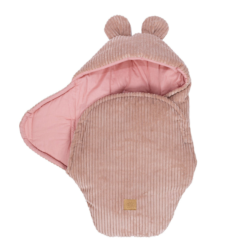 5. Powder pink baby swaddle with bear ears, side view with ribbed corduroy