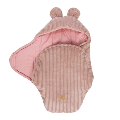 5. Powder pink baby swaddle with bear ears, side view with ribbed corduroy