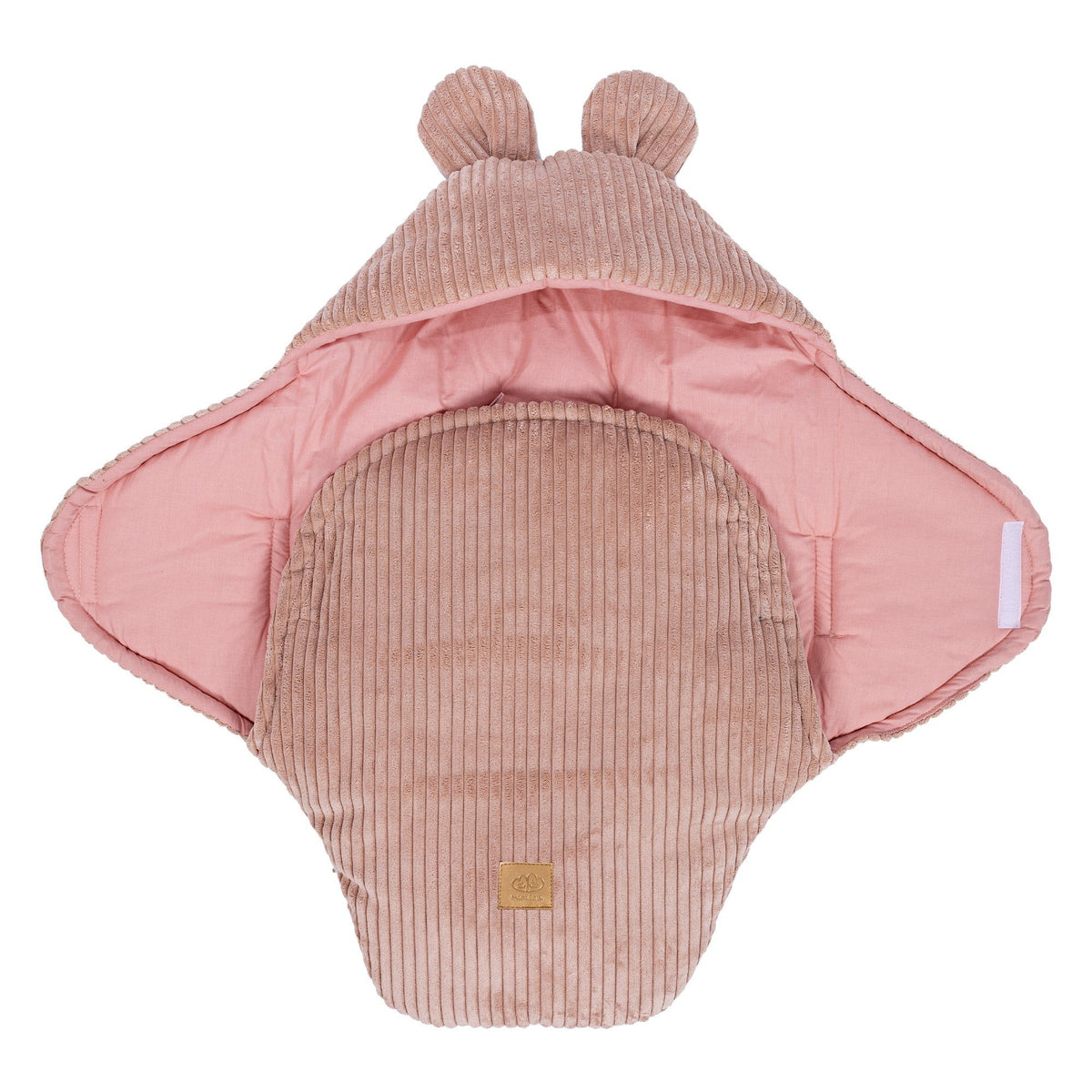 2. Powder pink baby swaddle with bear ears, open view showing inner cotton lining