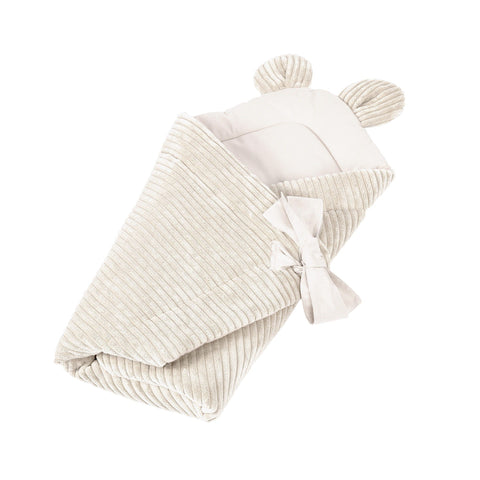 2. Ecru baby swaddle wrap with ribbed texture and bear ears, adjustable tie closure, made from soft Oeko-Tex certified cotton, angled view on white background