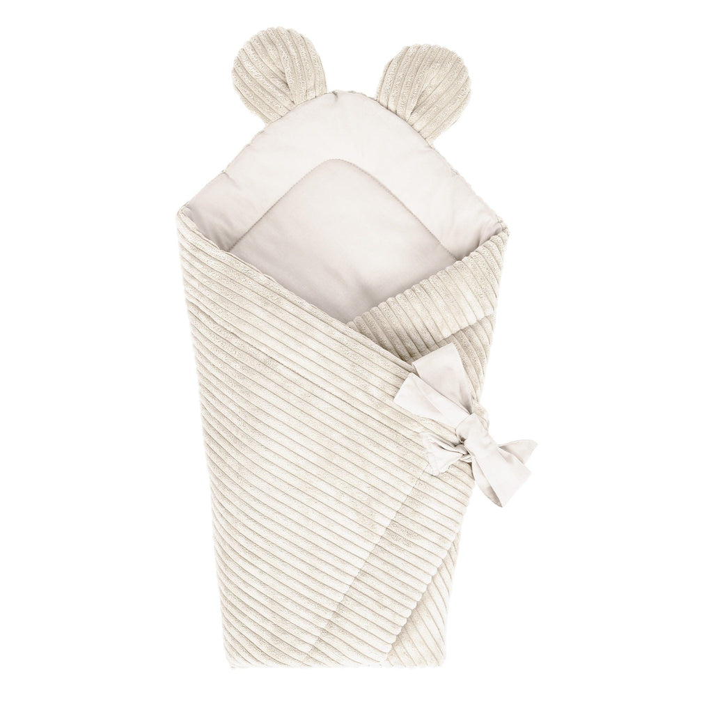 1. Ecru baby swaddle wrap with ribbed texture and bear ears, featuring adjustable tie closure, made from soft Oeko-Tex certified cotton, shown on white background