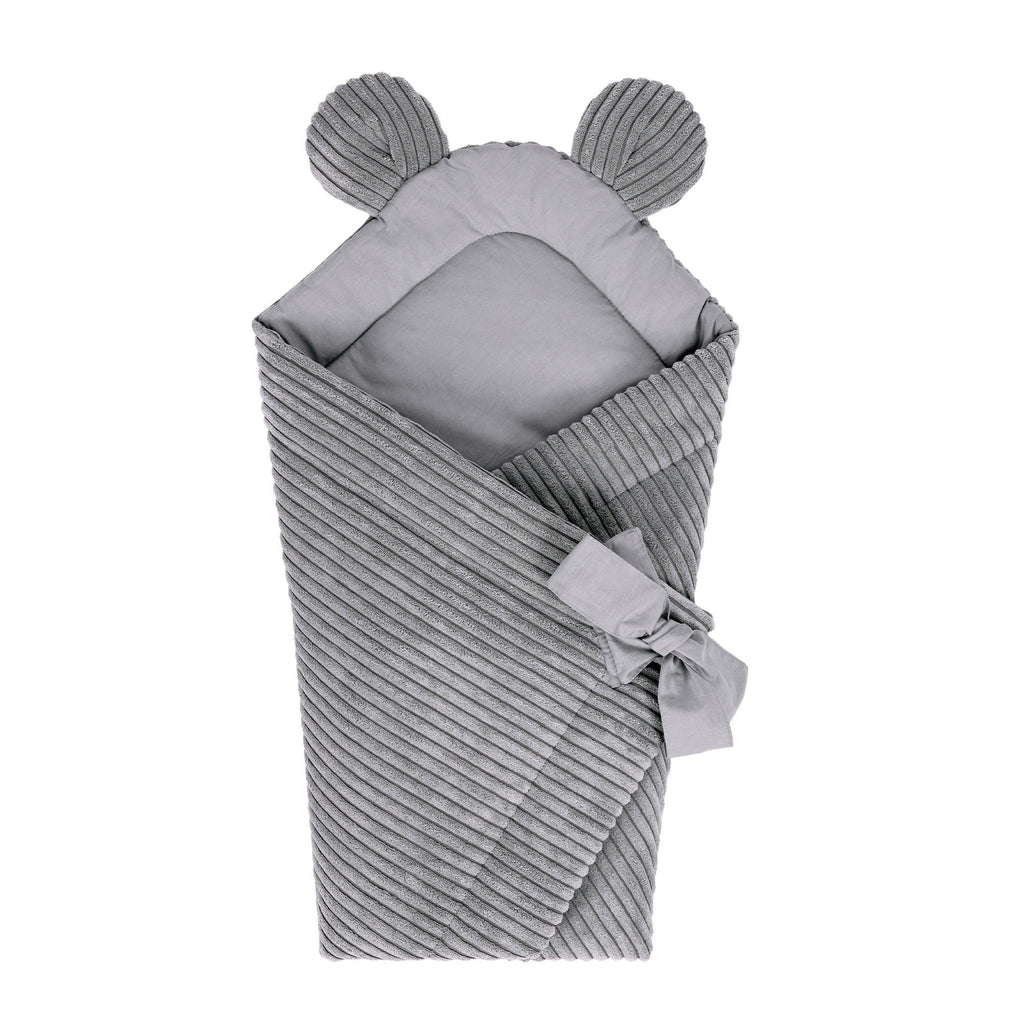 1. Grey baby swaddle wrap with bear ears and tie closure, made from ribbed Oeko-Tex certified cotton, shown flat on a white background