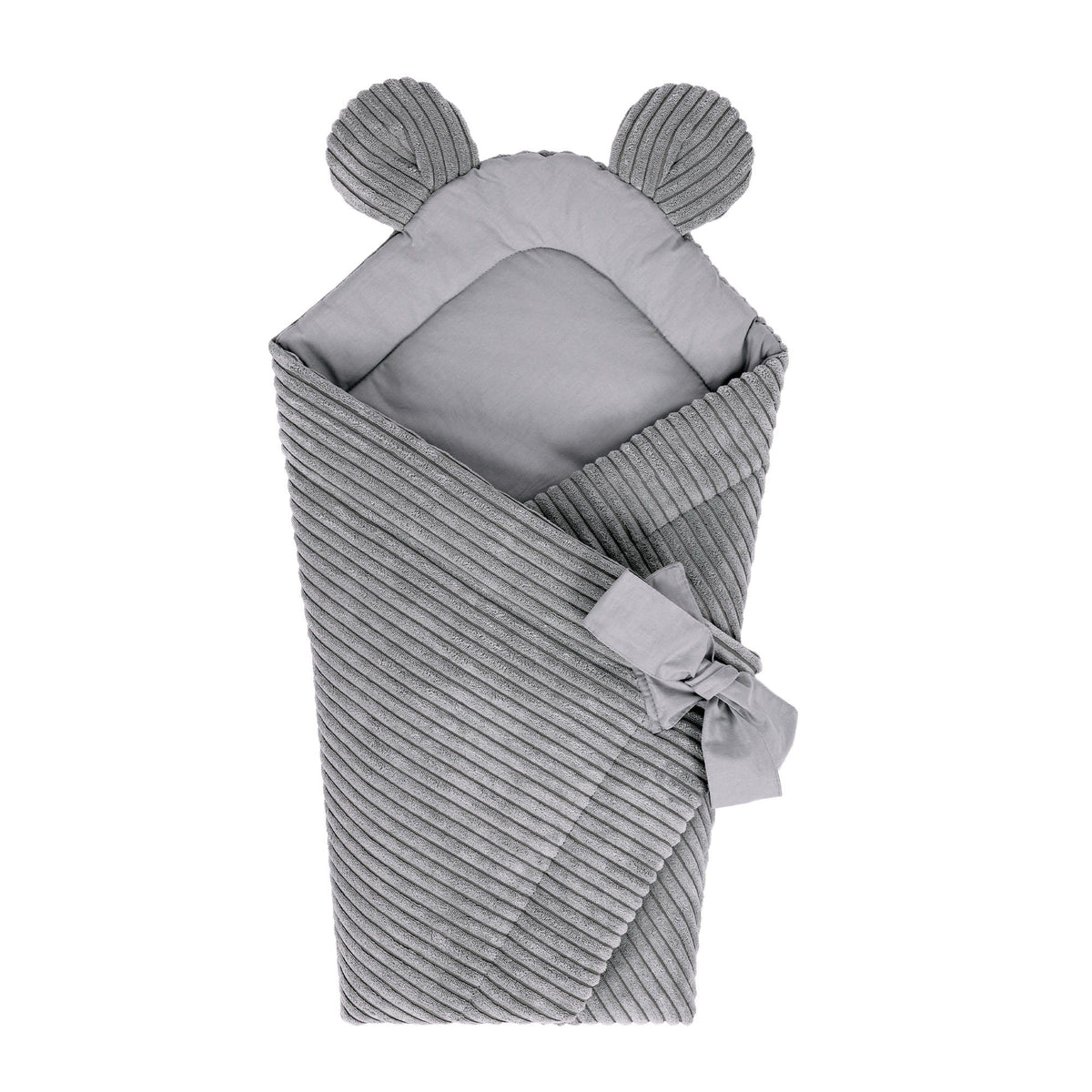 1. Grey baby swaddle wrap with bear ears and tie closure, made from ribbed Oeko-Tex certified cotton, shown flat on a white background