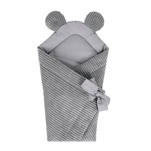 1. Grey baby swaddle wrap with bear ears and tie closure, made from ribbed Oeko-Tex certified cotton, shown flat on a white background