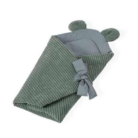 2. Side view of olive green baby swaddle wrap with ribbed texture and bear ears, featuring adjustable tie closure, on white background