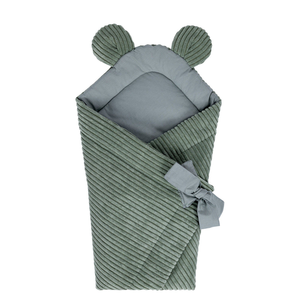 1. Olive green baby swaddle wrap with ribbed texture and bear ears, featuring adjustable tie closure, shown flat on white background