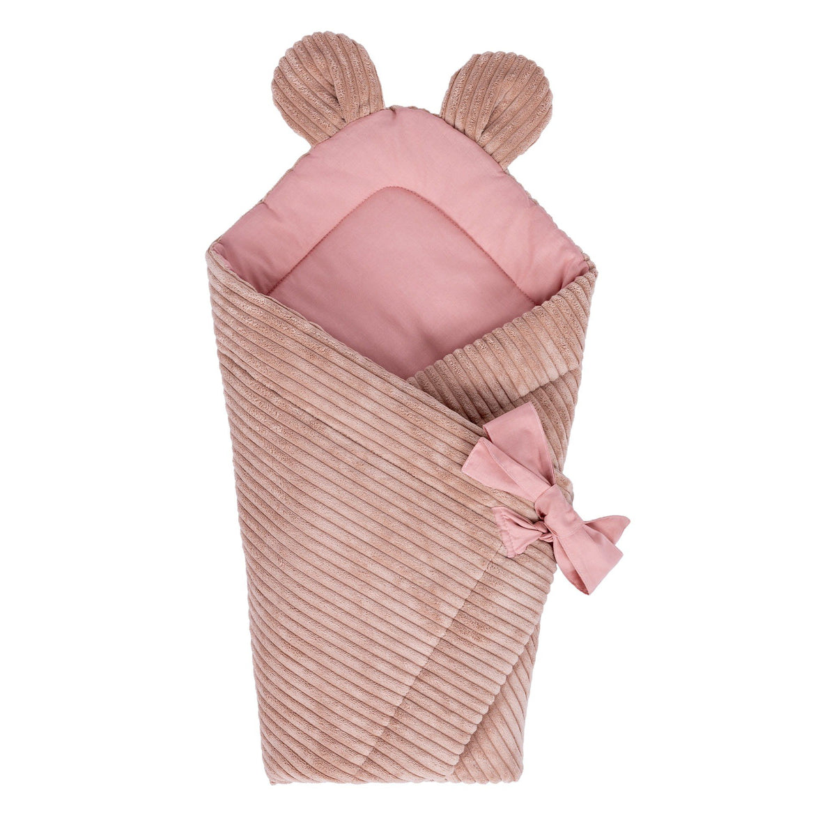 1. Powder pink baby swaddle wrap with bear ears and bow tie closure, made from ribbed Oeko-Tex certified cotton, shown in a flat lay on a white background