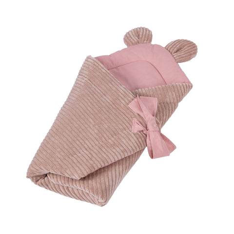 2. Side view of powder pink baby swaddle wrap with bear ears and bow tie closure, crafted from ribbed Oeko-Tex certified cotton, displayed on a white background