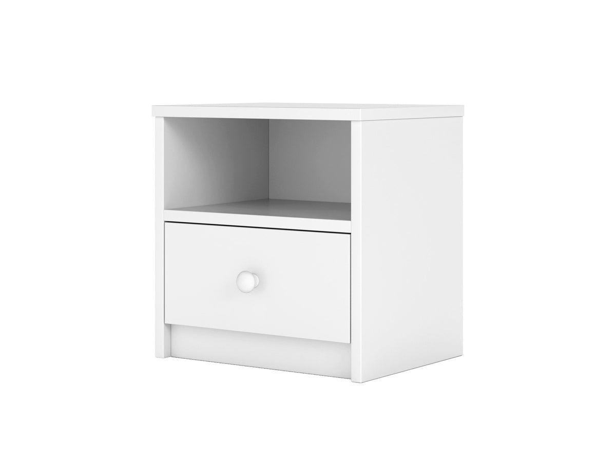 11. Angled studio shot of white bedside table with open shelf and drawer