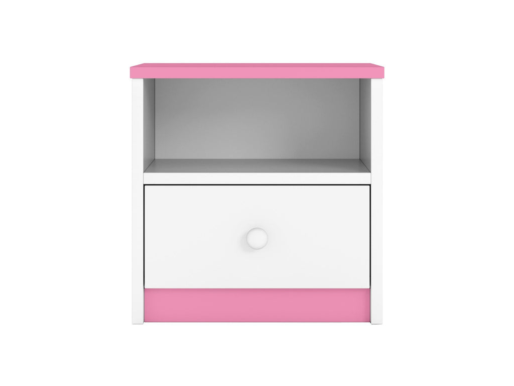 4. Studio shot of pink and white bedside table with open shelf and drawer