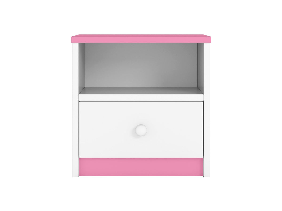 4. Studio shot of pink and white bedside table with open shelf and drawer