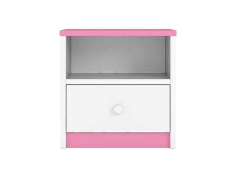 4. Studio shot of pink and white bedside table with open shelf and drawer